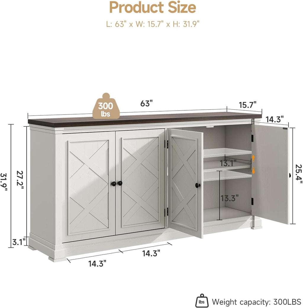 ONBRILL 63 Inches Buffet Cabinet with Storage, Large Sideboard Cabinet with 4 Barn Doors, Adjustable Shelves, Wood Coffee Bar Station for Kitchen, Living Room, Off White