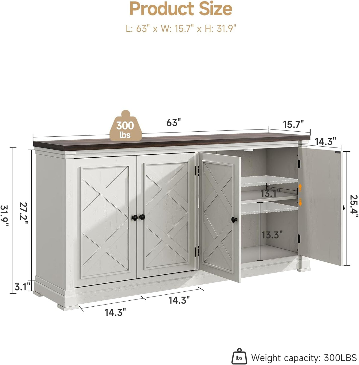 ONBRILL 63 Inches Buffet Cabinet with Storage, Large Sideboard Cabinet with 4 Barn Doors, Adjustable Shelves, Wood Coffee Bar Station for Kitchen, Living Room, Off White