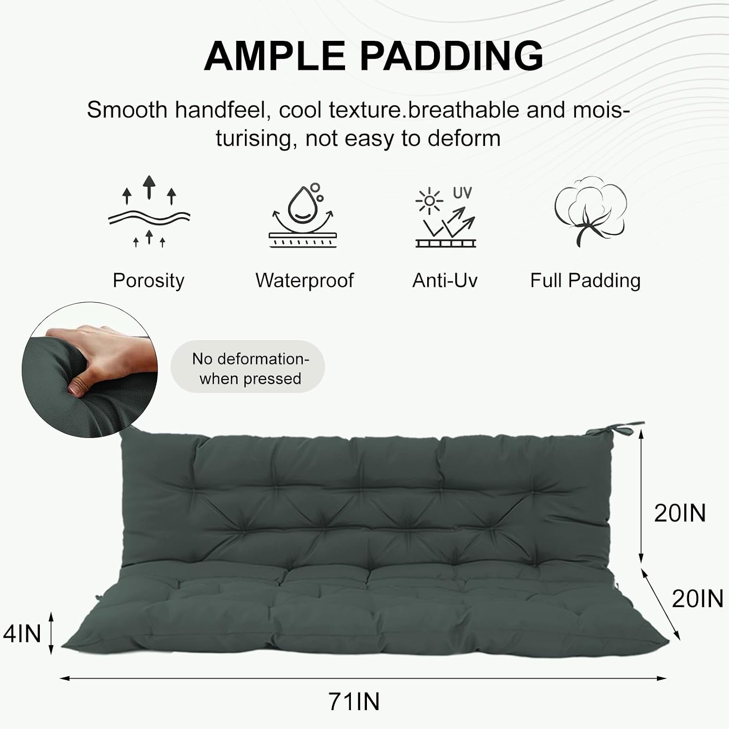 Outdoor Swing Cushion Replacement 71x40 in, Waterproof Porch Swing Cushions 3 Seater, 4 in Thick Bench Pad for Patio Garden Furniture