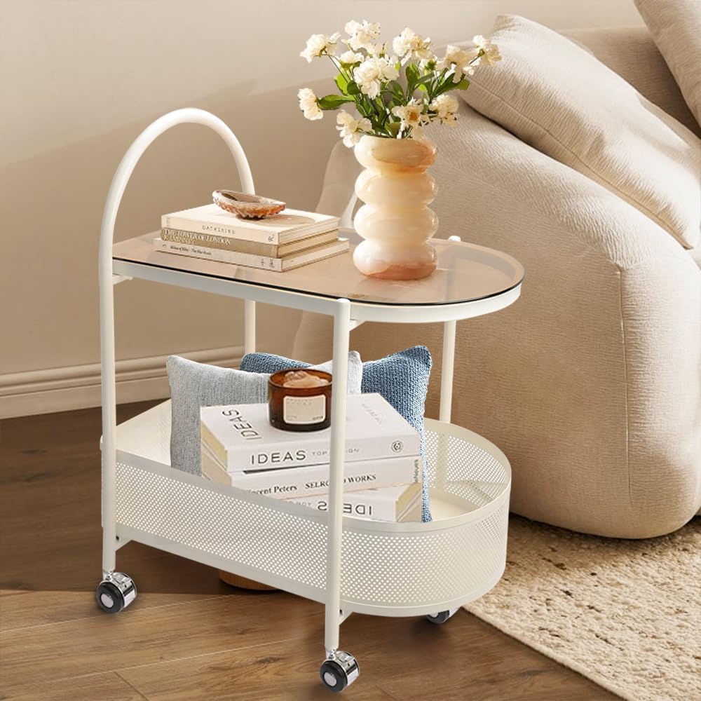 2 Tier Rolling Side Table, Metal Coffee Sofa Side End Table,Handle Utility Cart, Bed Side Table with Wheels Night Stand, Serving Cart,Drink Cart, for Living Room, Bedroom, Bathroom,White