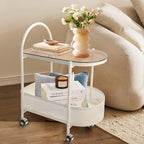 2 Tier Rolling Side Table, Metal Coffee Sofa Side End Table,Handle Utility Cart, Bed Side Table with Wheels Night Stand, Serving Cart,Drink Cart, for Living Room, Bedroom, Bathroom,White