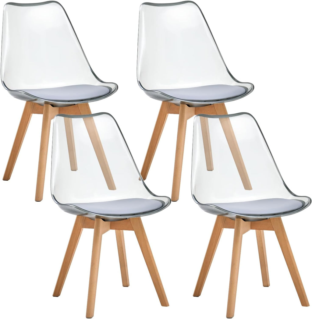Acrylic Dining Chairs Set of 4, with Soft Cushion, Light Gray | Clear Acrylic Backrest With Soft Padded Seat, Sturdy Wooden Legs. Ideal For Kitchen And Living Room