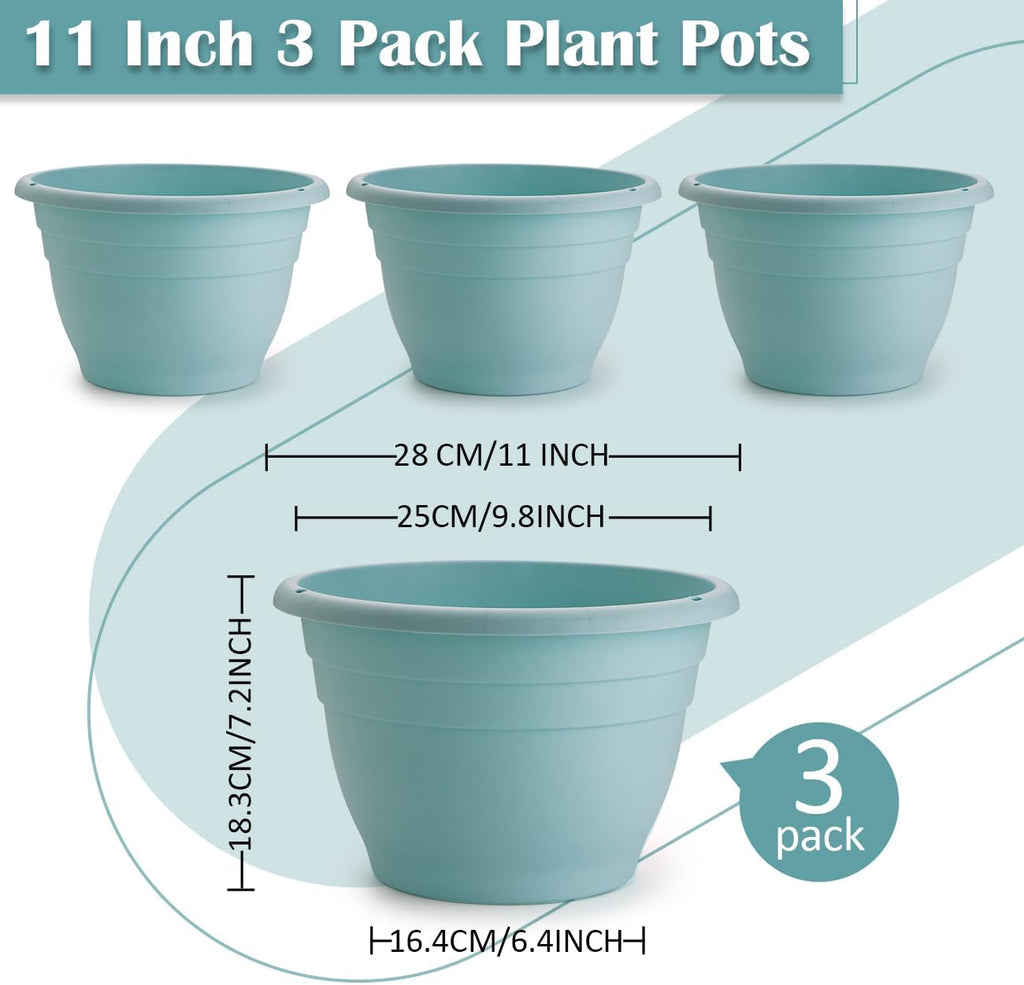 3 Pack 11 Inch Plant Pots with Drainage Hole and Plug, Durable Plastic Flower Pots for Indoor & Outdoor Plants, Elegant Mordern Plant Pots Perfect for Herbs, Flowers & Succulents, Blue