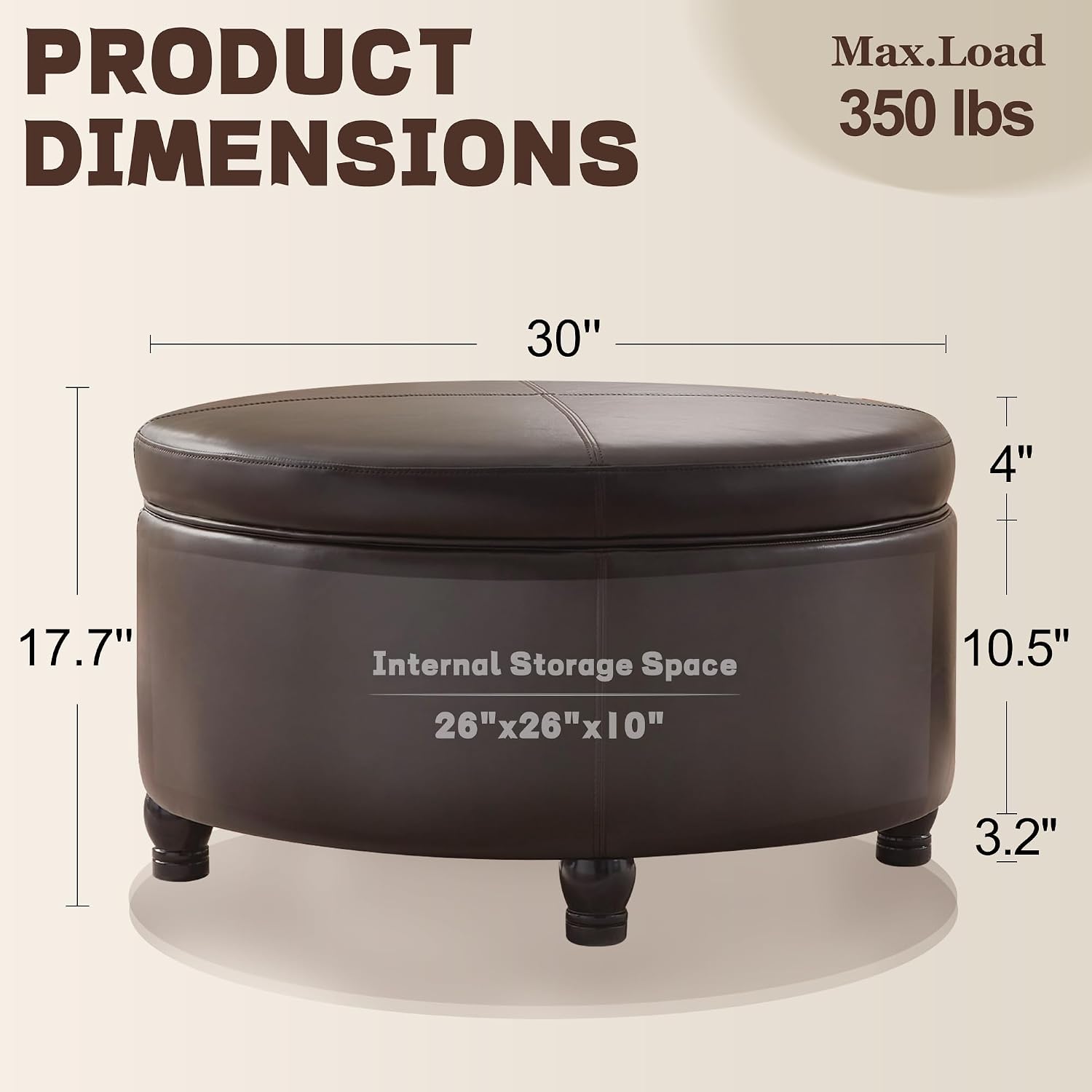 30-Inch Round Ottoman, Leather Ottoman with Storage (Brown)