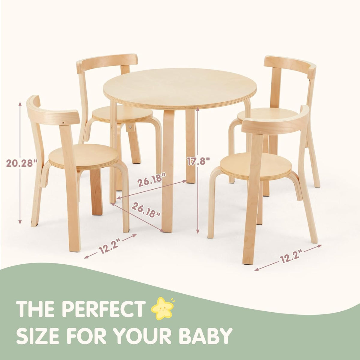 Kids Table and 4 Chairs Set - Round Table and Chair Set for Children, EN71 Certified, Birch Veneer - Wooden Dining Play Set for Children, Durable Wooden Play Table and Chairs, Solid Wood