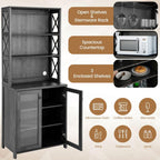 TANGZON Tall Kitchen Cupboard, Wooden Storage Sideboard with Adjustable Shelf, Glass Holder, Tempered Glass Door & Anti-toppling Device, Freestanding Pantry Cabinet Organiser for Dining Living Room
