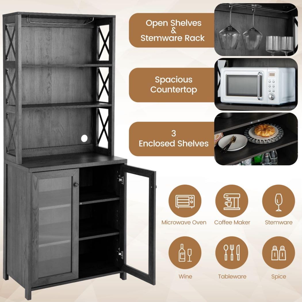 TANGZON Tall Kitchen Cupboard, Wooden Storage Sideboard with Adjustable Shelf, Glass Holder, Tempered Glass Door & Anti-toppling Device, Freestanding Pantry Cabinet Organiser for Dining Living Room