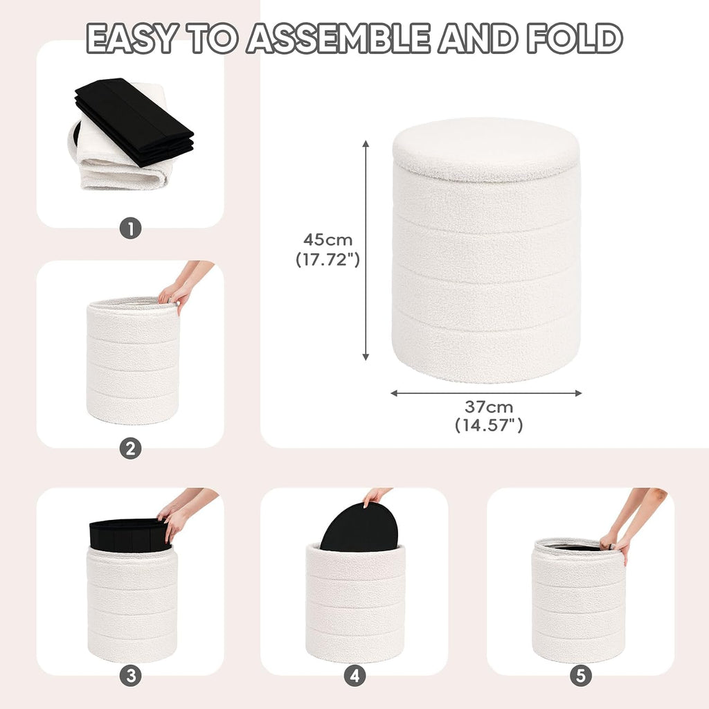 PINPLUS Round Storage Ottoman Foot Rest Stool with Tray Velvet Sherpa Folding Storage Ottoman,Boucle Foot Rest for Living Room, Bedroom, Dorm（Cream White）