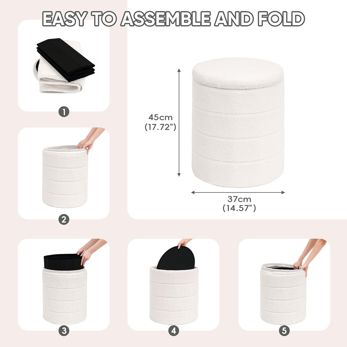 PINPLUS Round Storage Ottoman Foot Rest Stool with Tray Velvet Sherpa Folding Storage Ottoman,Boucle Foot Rest for Living Room, Bedroom, Dorm（Cream White）