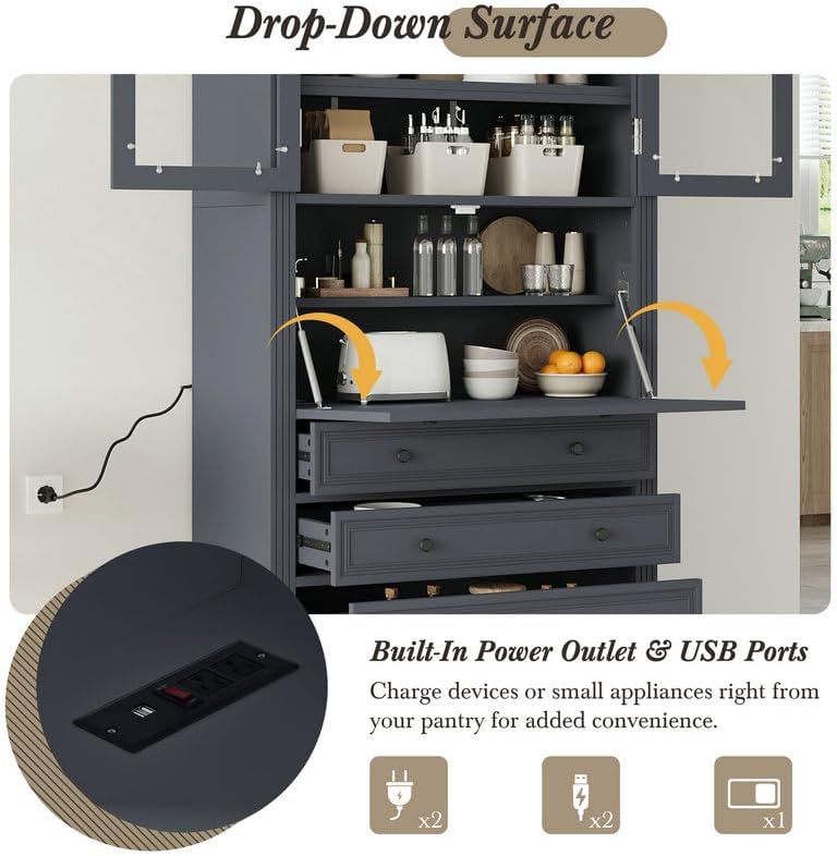 SOFTSEA Kitchen Pantry Cabinet with 3 Drawers, Kitchen Storage Cupboard with Power Outlet and Adjustable Shelves, Freestanding Display Cabinet for Living Room Dining Room, 36x16.5x78inch, Grey