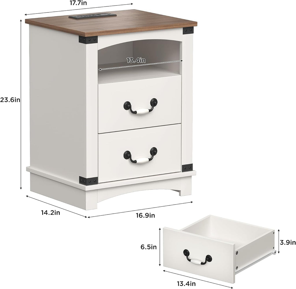 Maupvit Farmhouse Night Stand with Charger Station & Ceramic Handle, Wood Nightstand with 2 Storage Drawers, LED Bedroom Nightstand, Bedside Tables, Antique White