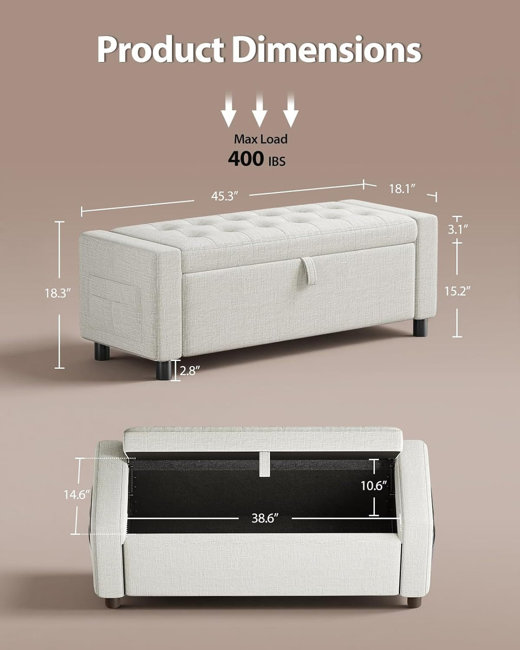 Amada 46" Storage Ottoman Bench with Safety Hinge, Hidden Compartment & Side Pocket - Upholstered End of Bed/Entryway Bench for Bedroom & Living Room, 400 lbs Weight Capacity, Beige