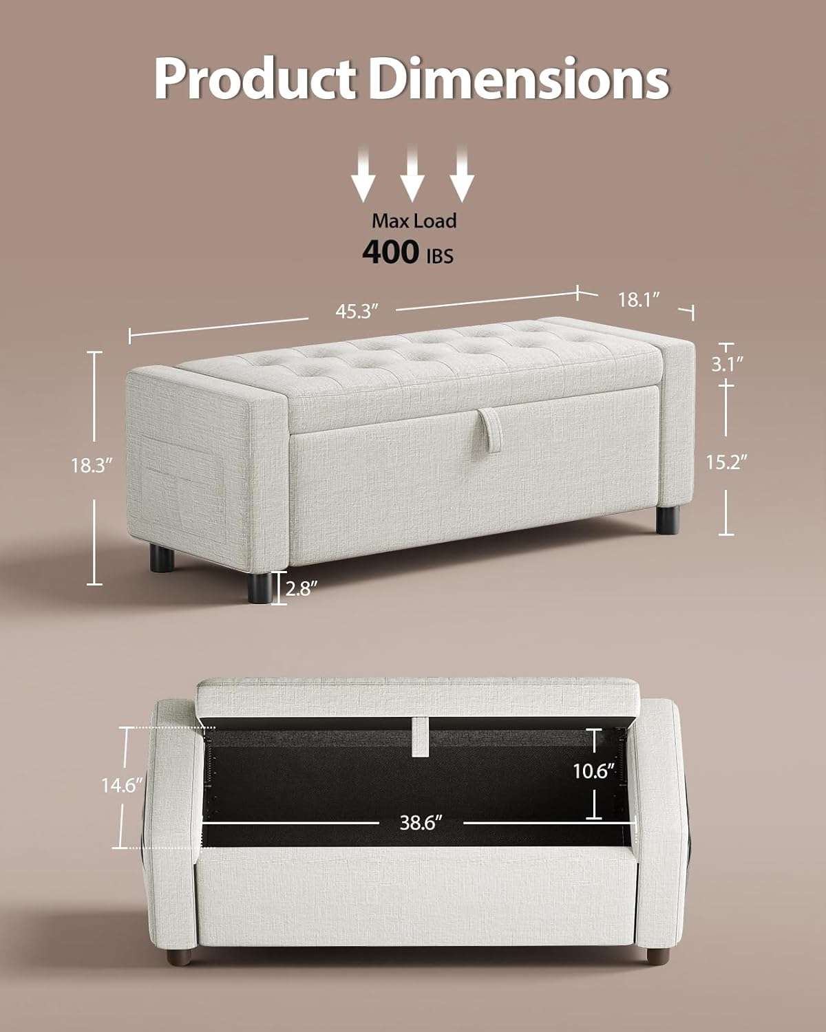 Amada 46" Storage Ottoman Bench with Safety Hinge, Hidden Compartment & Side Pocket - Upholstered End of Bed/Entryway Bench for Bedroom & Living Room, 400 lbs Weight Capacity, Beige