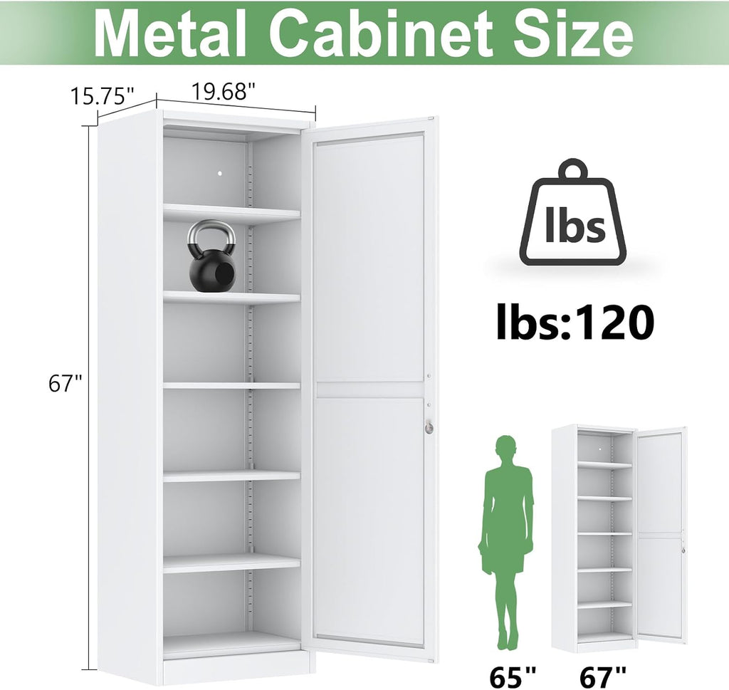 Ckzbx Metal Locker Tall Narrow Storage Cabinet, 67" H Locking Tool File Cabinets Snack Locker Organizer for School Classroom,Bedroom,Gym Home Office,Entryway and Hallway (20" W 1Door White)