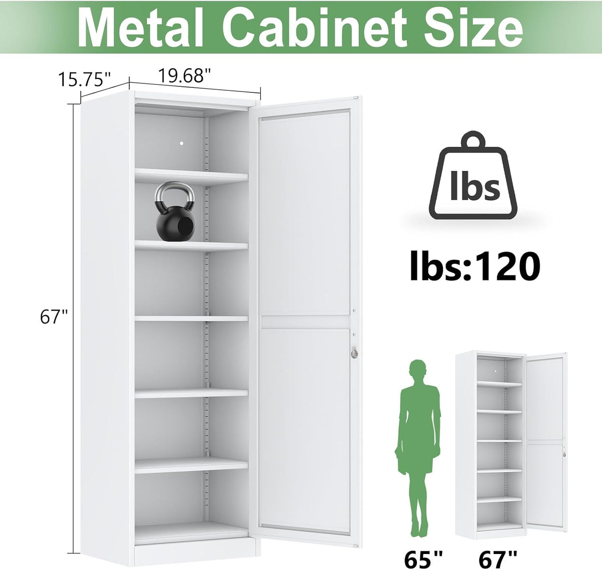 Ckzbx Metal Locker Tall Narrow Storage Cabinet, 67" H Locking Tool File Cabinets Snack Locker Organizer for School Classroom,Bedroom,Gym Home Office,Entryway and Hallway (20" W 1Door White)