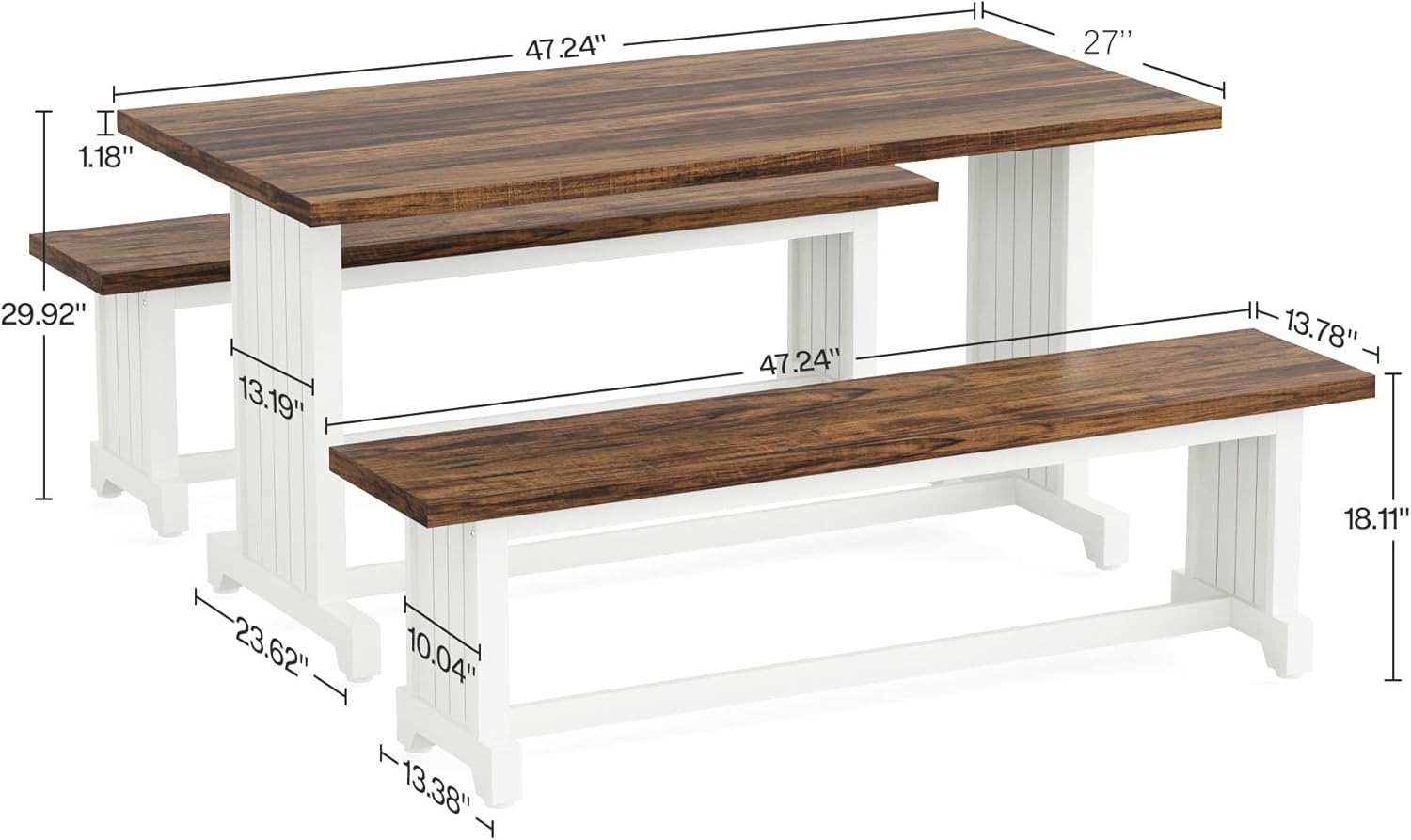Tribesigns 47" Dining Table Set for 4, 3-Piece Kitchen Room Table with 2 Benches, Farmhouse Wood Dinner Furniture for Small Space, Home Living Room, White & Rustic Brown