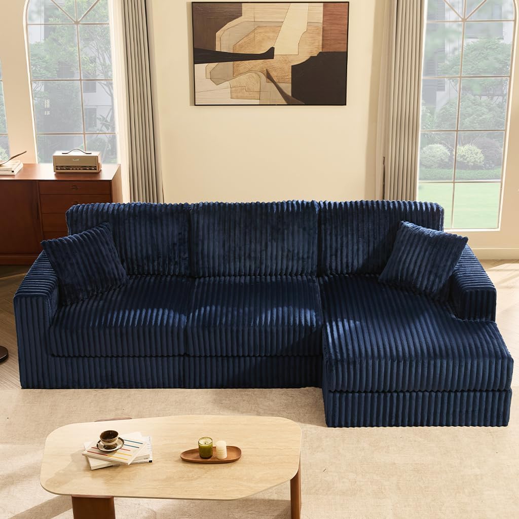 GOSUHI 113" L-Shaped Cloud Couch, Modular Sectional, Deep Seats, Navy | Pocket Spring Cushions, Oversized 3-Seater, Right Facing Chaise, Corduroy Upholstery Couches for Living Room