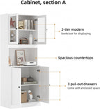 TUSY 71'' Tall Pantry Cabinet, Kitchen Hutch Storage Cabinet, Buffet Hutch Set of 3, China Cabinet with Glass Doors, 5-Tier Storage Cabinets for Dining Room, Living Room (White)