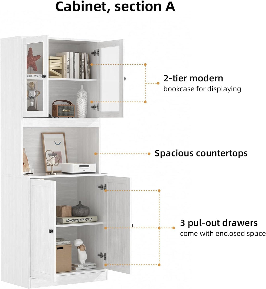 TUSY VOWNER 71'' Tall Pantry Cabinet, Kitchen Hutch Storage Cabinet, Buffet Hutch, China Cabinet with Glass Doors, 5-Tier Storage Cabinets for Dining Room, Kitchen, Living Room (White)