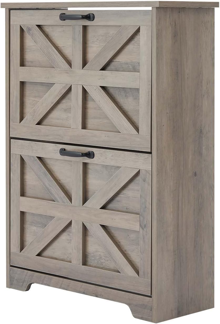 Shoe Cabinet with 2 Flip Drawers, Farmhouse Shoe Storage for Entryway, Wooden Shoe Organizer Cabinet with Adjustable Shelves, Hidden Slim Shoe Cabinet for Hallway, Living Room, Sierra