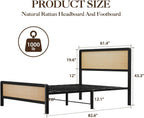 CABIHOME Rattan Queen Size Bed Frame with Natural Cane Headboard, Boho Platform Bed Frame, No Box Spring Needed, Noise-Free, Easy Assembly, Natural