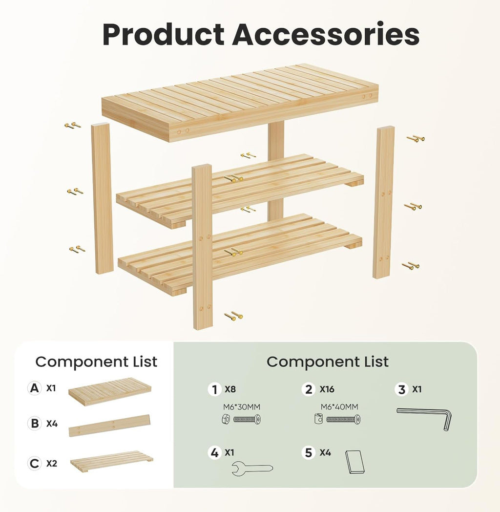DUMOS Shoe Rack Bench with Storage, 3-Tier Bamboo Entryway Benches, Wooden Shoe Rack Holds Up to 286 lb Storage Organizer, Suitable for Bedroom Living Room Balcony, Classical Wood