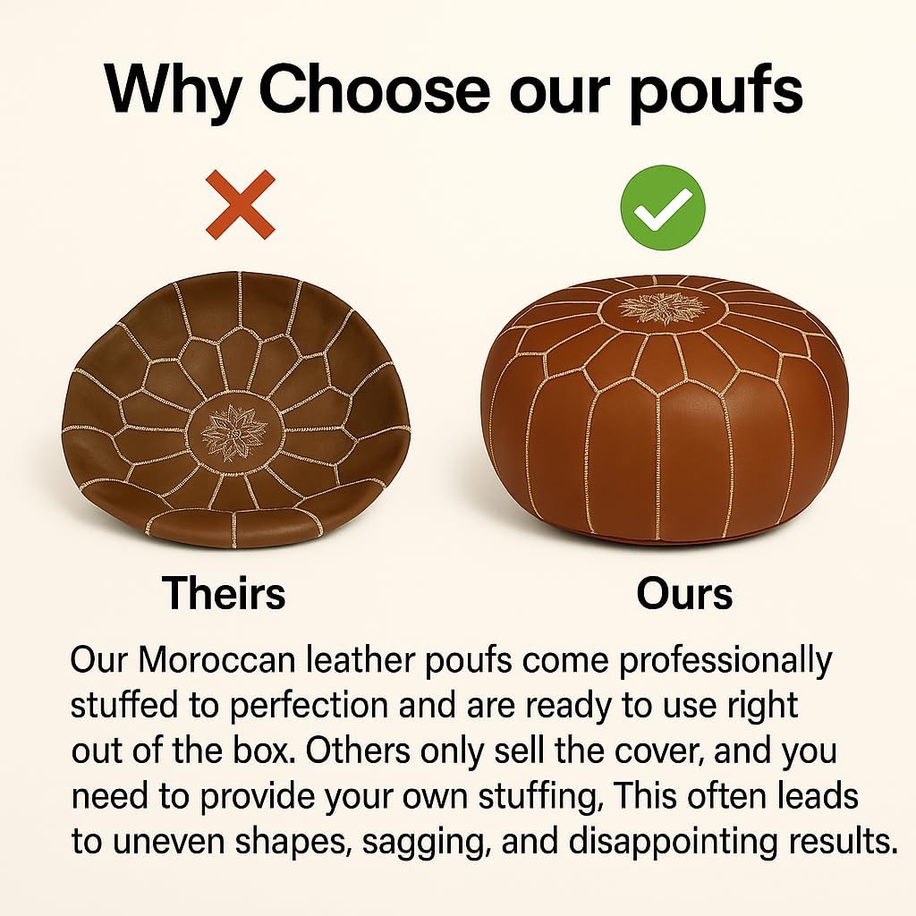 Stuffed Round Design Moroccan Leather Pouf Ottoman, Handmade, Pre-Filled, 100% Genuine Leather, 13” Height x 20” Diameter, Footstool & Living Room Décor (Dark Blue)