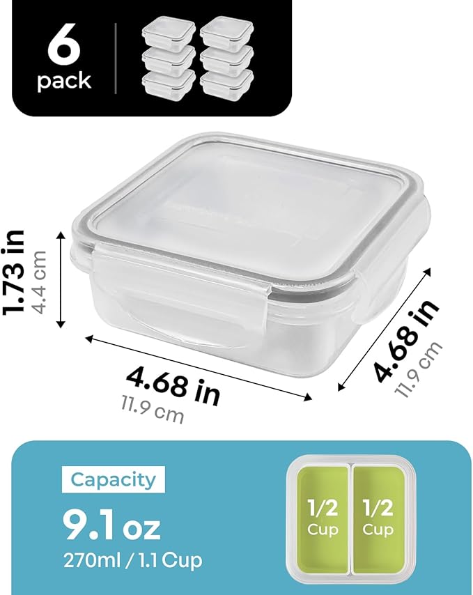 carrotez 2 Compartment Snack Containers, Mini Snack Containers for Mini Fridge, Small Food Storage Containers, Airtight Lids, Reusable, 1.1 cup, 6 PACK