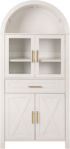 SOFTSEA Arched Kitchen Pantry Cabinet with Glass Door, 71" Tall Cupboard Cabinet with Adjustable Shelves & Barn Door, Farmhouse Kitchen Hutch with Drawer for Dining Room, White