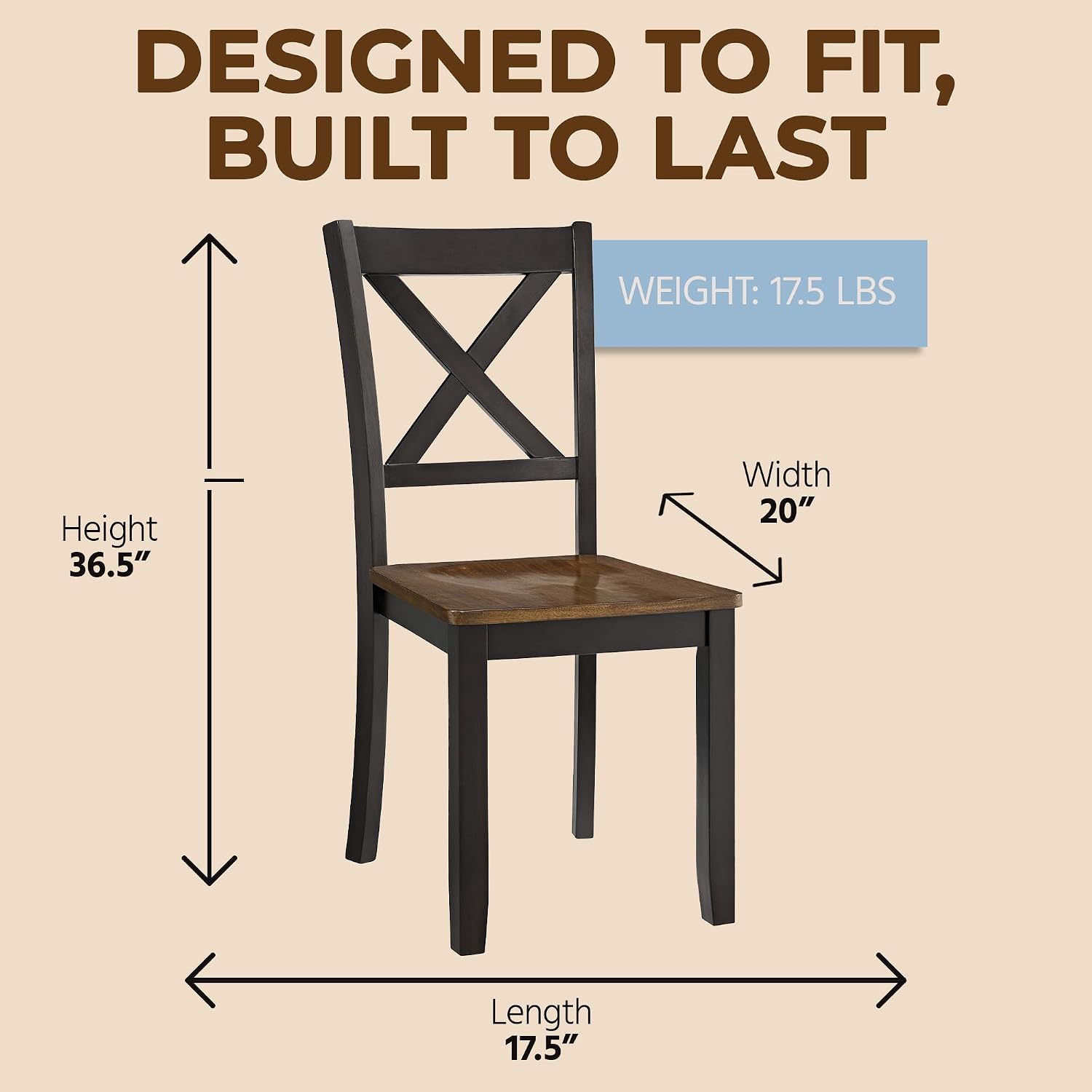 ROME + OAK X-Back Farmhouse Wooden Armless Dining Chairs in Black/Dark Brown, Set of 4 - Indoor Home Kitchen Seating Furniture