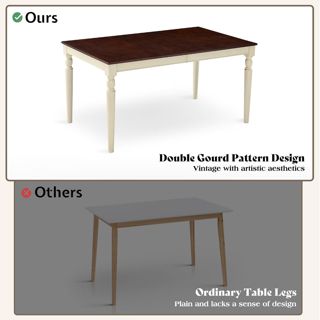LUXOAK 6 Piece Solid Wood Dining Table Set with 60" Farmhouse Table | Solid Wood Table, 4 Upholstered Chairs, Bench Included, Seating for 6, Cream White Finish
