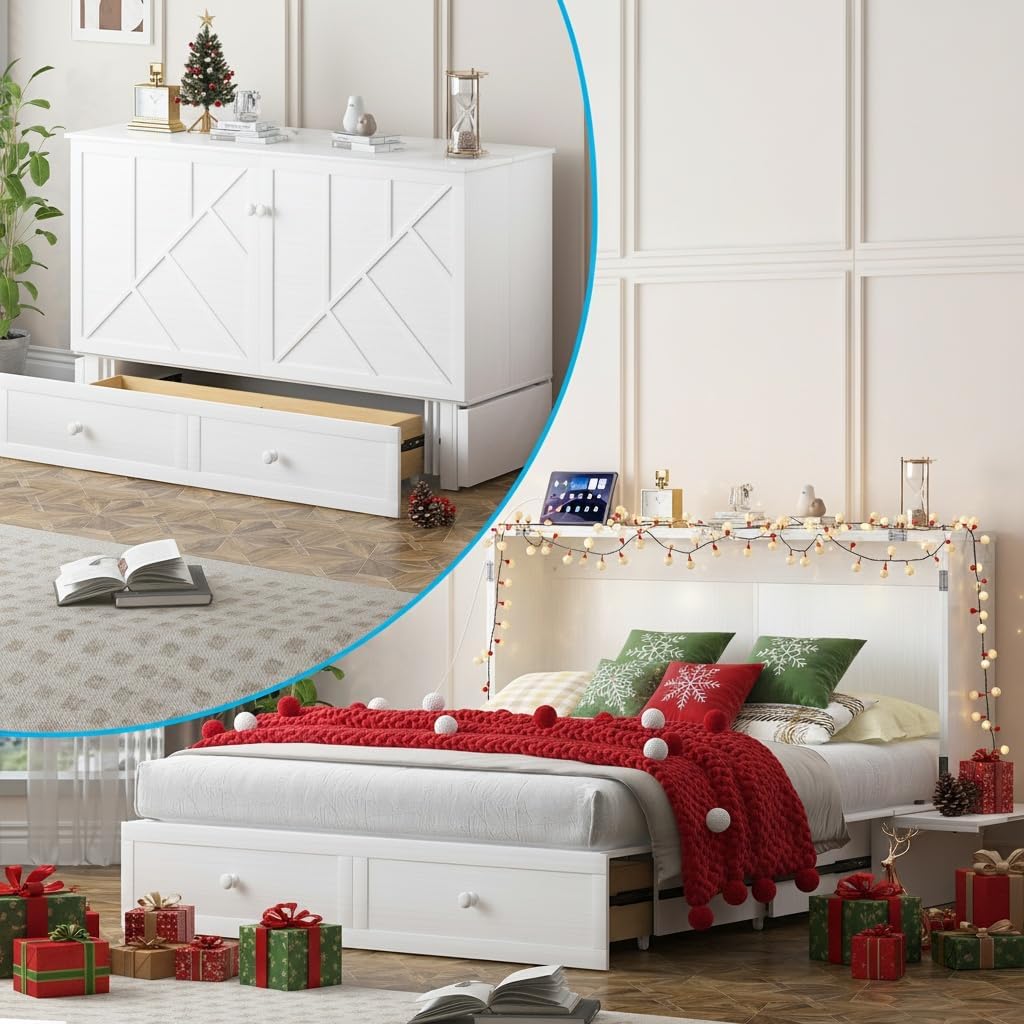 Mjkone Murphy Cabinet Bed Queen Size, White(No Mattress) | Storage Drawers, USB Charging Station,Wall Hideaway Guest Chest Cabinet Bed for Living Room Bedroom Home Office