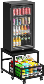 HOOBRO End Table, Mini Fridge Stand with Storage, Mini Fridge Table with Wheels and Adjustable Feet, Sturdy Metal Frame, for Living Room, Bedroom, Office, Black BB155TL01