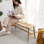 Wood Dining Bench with Hand Woven Rattan Seat, Farmhouse Entryway Bench for Bedroom, Kitchen, Living Room (Oak+Wood)