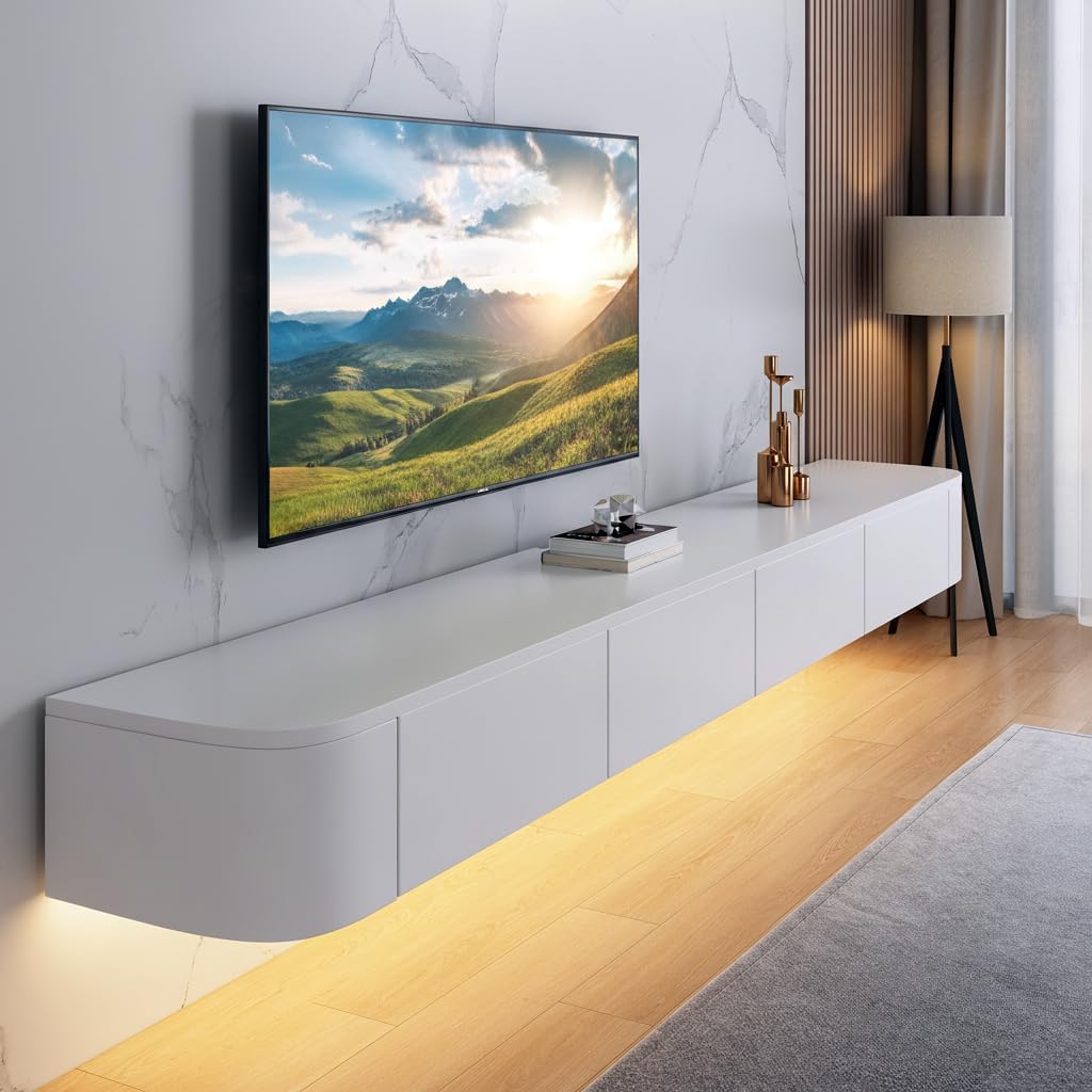 Floating TV Stand,47-118" Wall Mounted TV Shelf, Floating TV Consolewith Flip-Down Doors & Drawers, Modern TV Media Console Center Large Storage TV Stand (White-Led, 47.24")