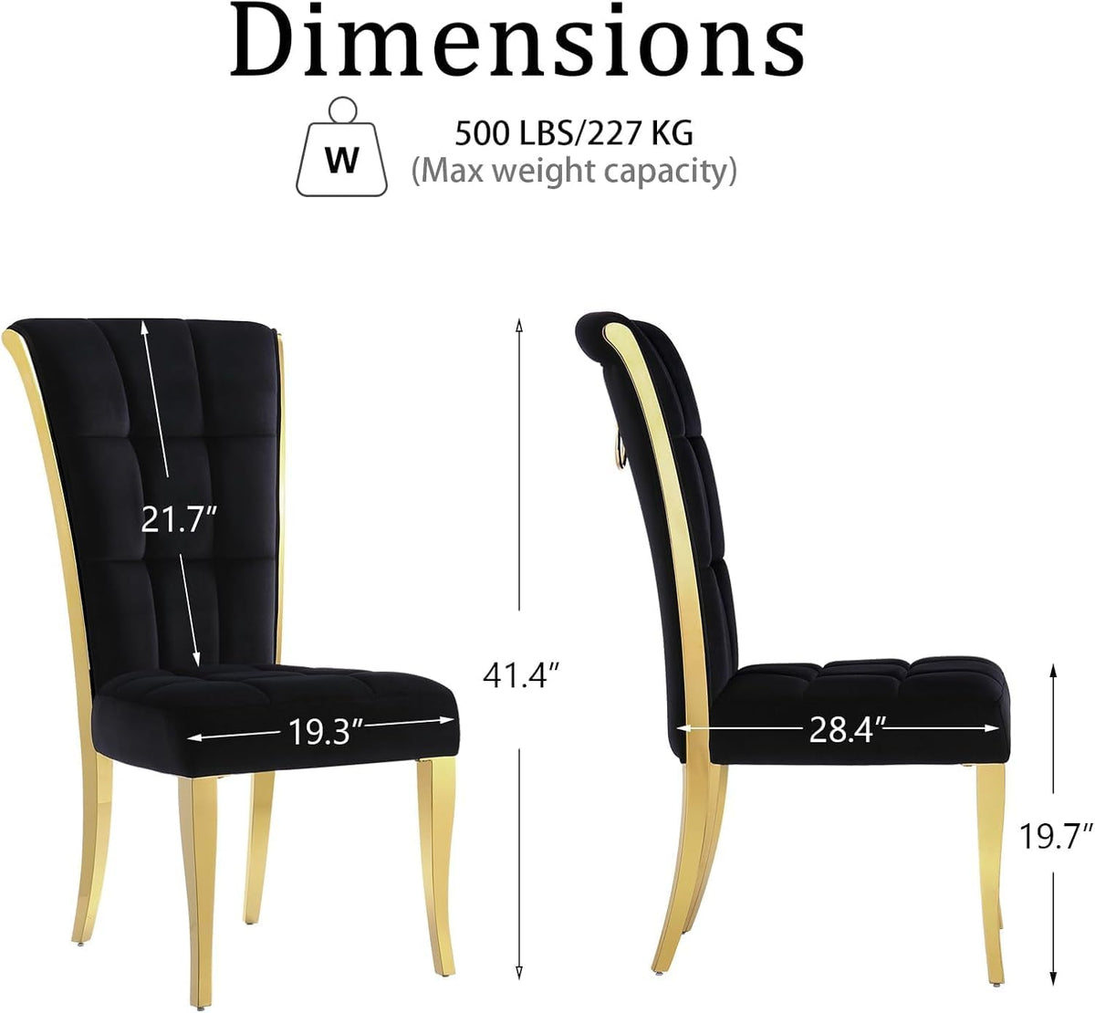 ACEDÉCOR Black and Gold Dining Chairs, Black Velvet Upholstered Chairs with Ring Pull, High Back Dining Chairs with Polished Gold Legs(Set of 2)