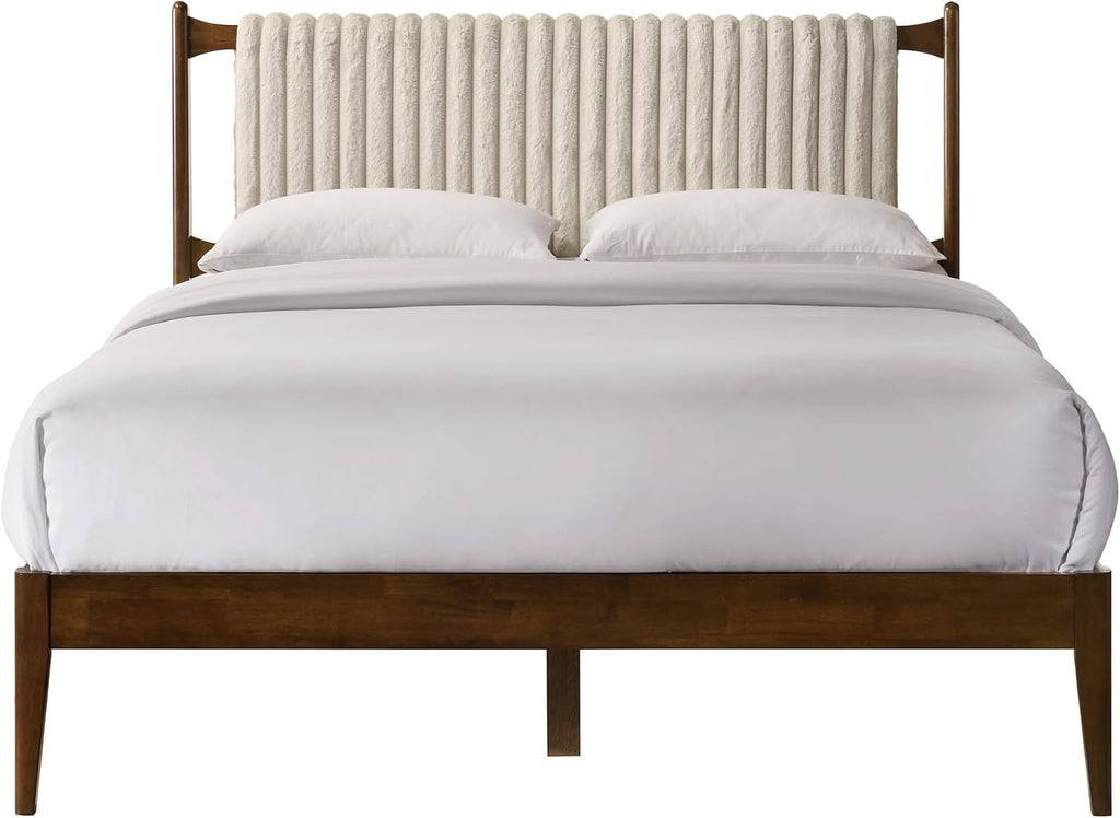 Ella Wooden Platform Bed | Box Spring Not Required | Walnut and Beige, Queen