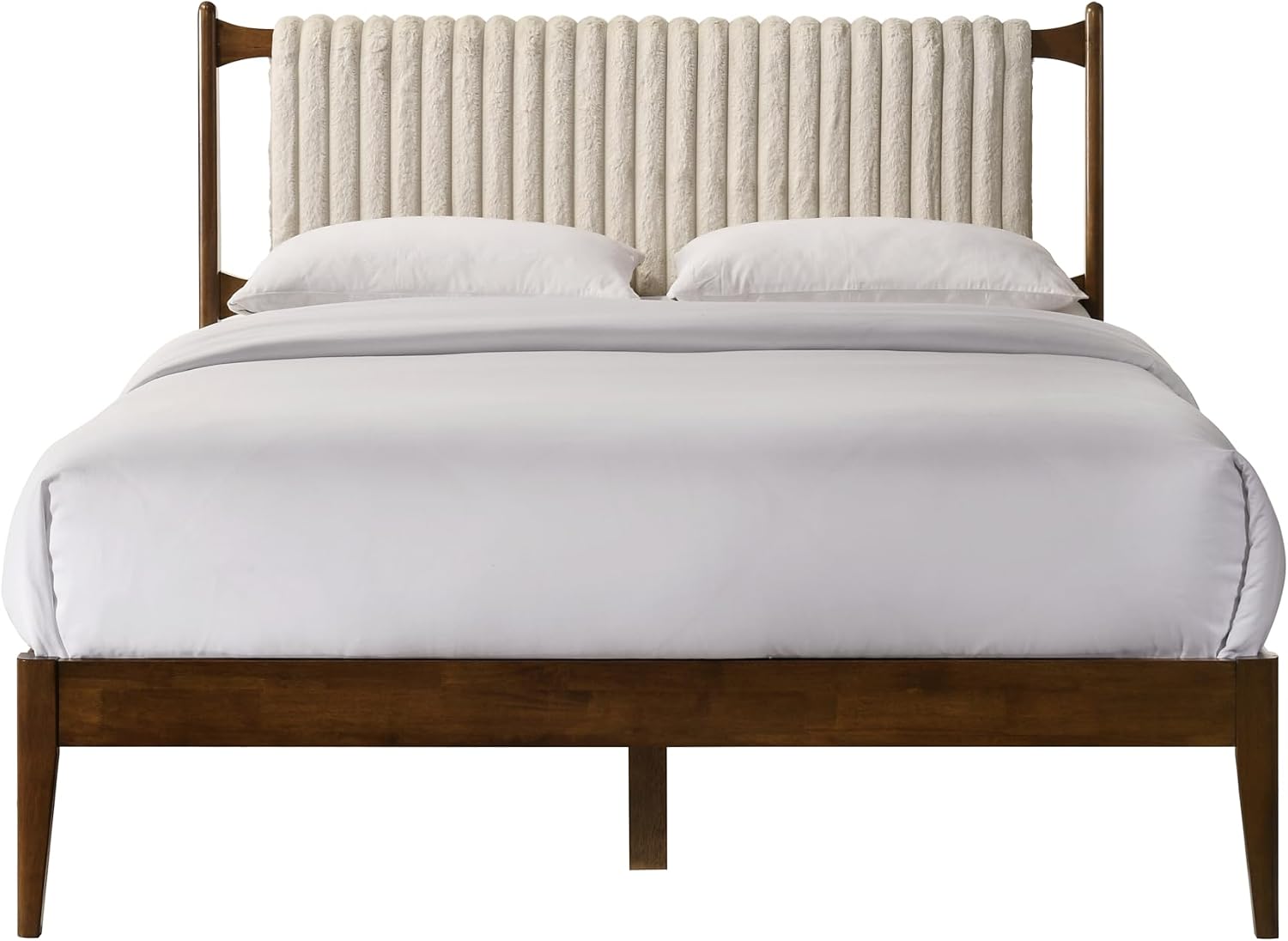 Ella Wooden Platform Bed | Box Spring Not Required | Walnut and Beige, Queen