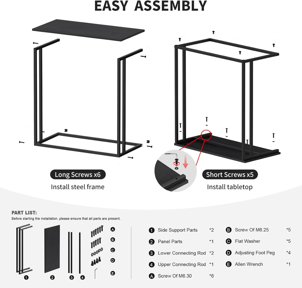 C-Shaped Side Table, Modern End Table with Metal Frame, Space Saving Design for Living Room，Large Surface Couch Table for Bedroom, and Home Office，24 x 12 x 24 inches (Black)