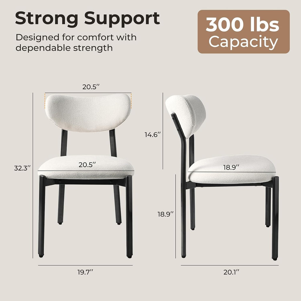 Dining Chairs, Modern Upholstered Fabric Kitchen Chairs | Textured Fabric, Curved Back, Upholstered Seat, Metal Frame, Dining Room, Kitchen, Breakfast Nook, Restaurant, White