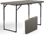 Folding Table 4ft - Heavy Duty Fold-in-Half Plastic Table with Adjustable Height, Portable Utility Tables with Steel Legs for Indoor, Outdoor, Picnic, Camping, Dining, Party (Khaki)