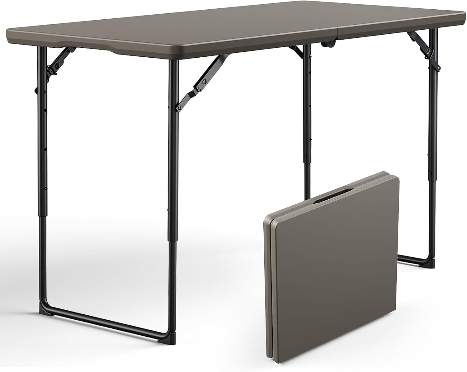 Folding Table 4ft - Heavy Duty Fold-in-Half Plastic Table with Adjustable Height, Portable Utility Tables with Steel Legs for Indoor, Outdoor, Picnic, Camping, Dining, Party (Khaki)