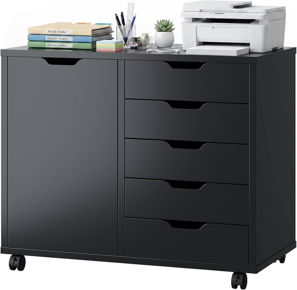 5 Drawer File Cabinet with Wheels, Rolling Office Storage Cabinet with Shelves and Door, Printer Stand with Drawers, Under Desk Filing Cabinet with Wood Board, Black