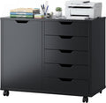 5 Drawer File Cabinet with Wheels, Rolling Office Storage Cabinet with Shelves and Door, Printer Stand with Drawers, Under Desk Filing Cabinet with Wood Board, Black