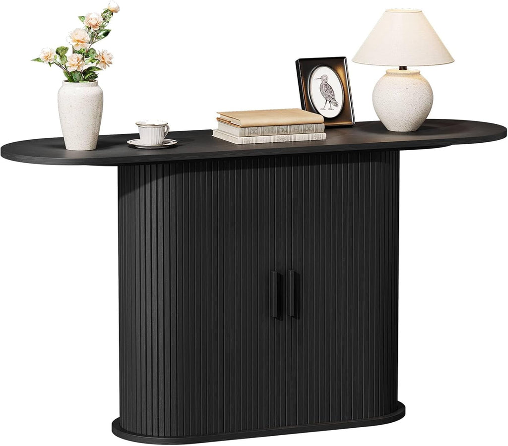 55 Inch Console Table with Storage, Fluted Entryway Tables with Sliding Doors, Sofa Table Behind The Couch, Hallway Tables, Mid-Century Modern Foyer Table for Entryway, Hallway, Living Room, Black