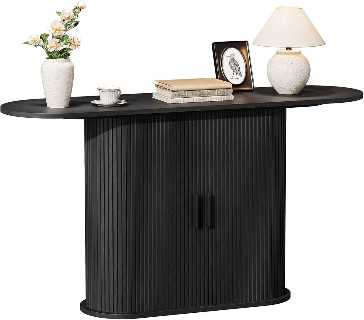 55 Inch Console Table with Storage, Fluted Entryway Tables with Sliding Doors, Sofa Table Behind The Couch, Hallway Tables, Mid-Century Modern Foyer Table for Entryway, Hallway, Living Room, Black