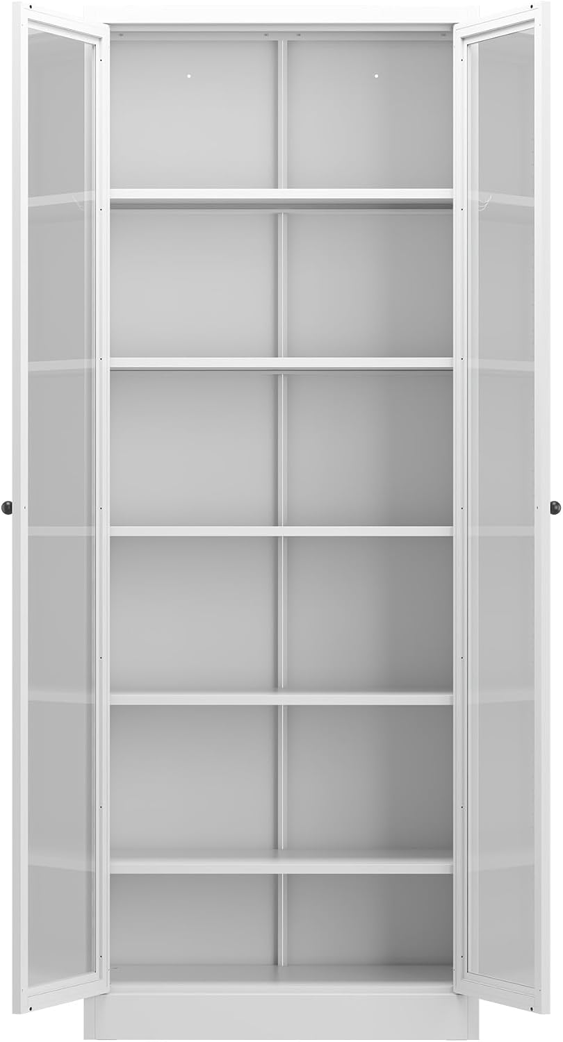 Metal Kitchen Pantry Cabinet, 72" Tall Storage with 5 Adjustable Shelves, White Freestanding Cabinet for Kitchen Pantry Bathroom, 14" Narrow Cabinet with Glass Door