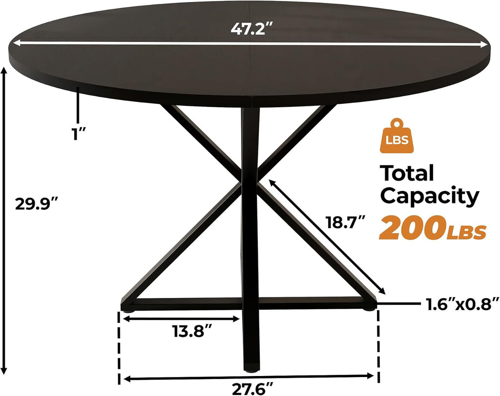 GarveeHome 47 Inch Round Dining Table for 4, Circle Kitchen Table with Pedestal Base, Farmhouse Wooden Dining Table for Small Spaces, Kitchen & Dining Room, Living Room（Black/Only Table）