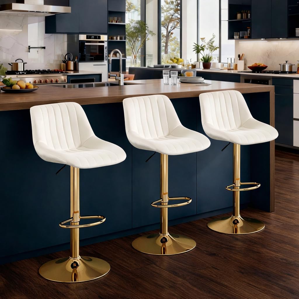 Barstools Set of 3, Golden-Cream, Adjustable Swivel Bar Stools | With Back, Armless Upholstered, Gold Bar Stool with Velvet Seat, For Kitchen Island/Cafe/Dining