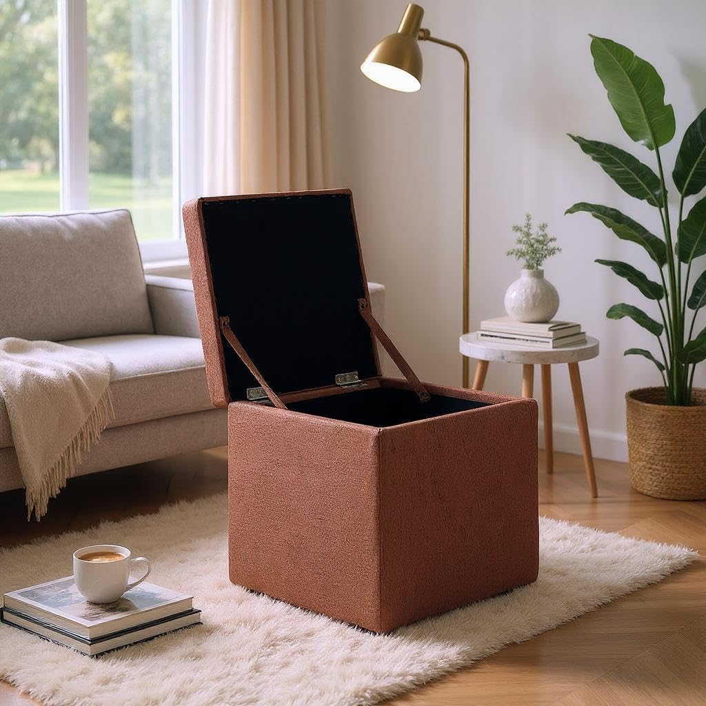 Brown Linen-Textured Ottoman with Storage, 42×42×44 cm Square Foot Rest Stool, Upholstered Cube Seat with Hidden Compartment for Living Room Bedroom Entryway, Black Rubber Feet